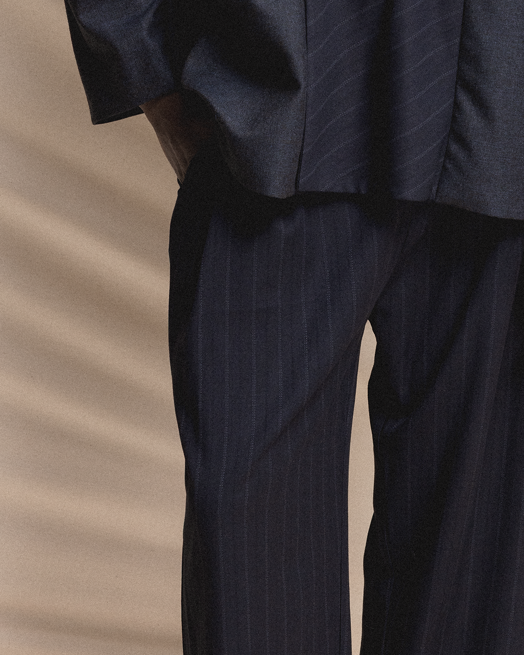 Navy Pinstripe Wide-Leg Trousers