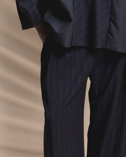 Navy Pinstripe Wide-Leg Trousers