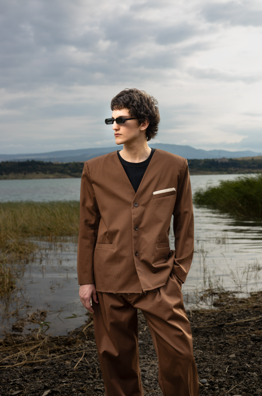 Brown Blazer with White Pocket Detail