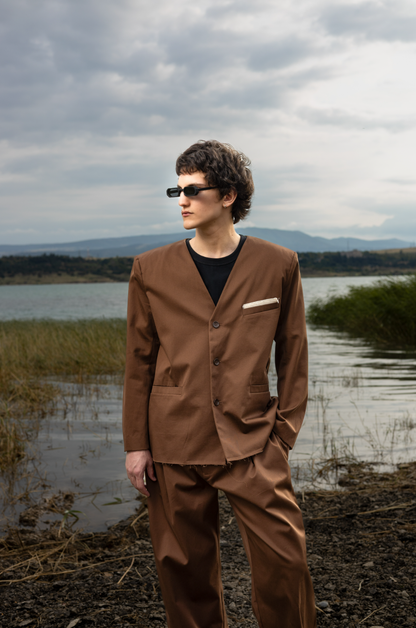 Brown Blazer with White Pocket Detail