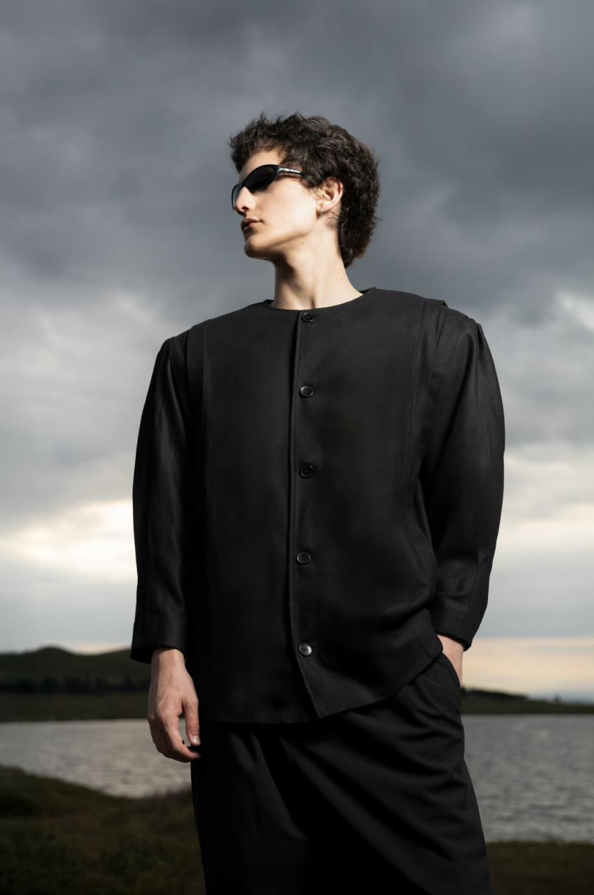 Black Draped-Shoulder Blazer